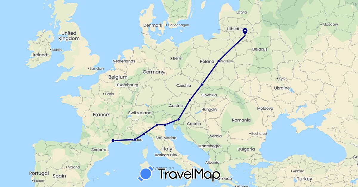 TravelMap itinerary: driving in Austria, Czech Republic, France, Italy, Lithuania, Monaco, Poland, Slovenia (Europe)